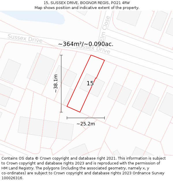 15, SUSSEX DRIVE, BOGNOR REGIS, PO21 4RW: Plot and title map