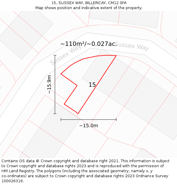 15, SUSSEX WAY, BILLERICAY, CM12 0FA: Plot and title map