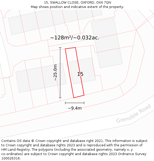 15, SWALLOW CLOSE, OXFORD, OX4 7QN: Plot and title map