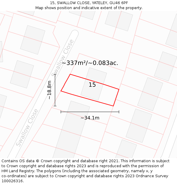 15, SWALLOW CLOSE, YATELEY, GU46 6PF: Plot and title map