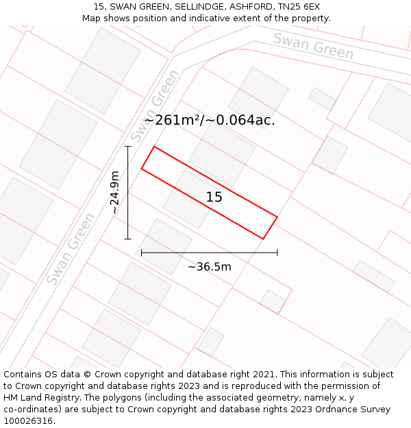 15, SWAN GREEN, SELLINDGE, ASHFORD, TN25 6EX: Plot and title map
