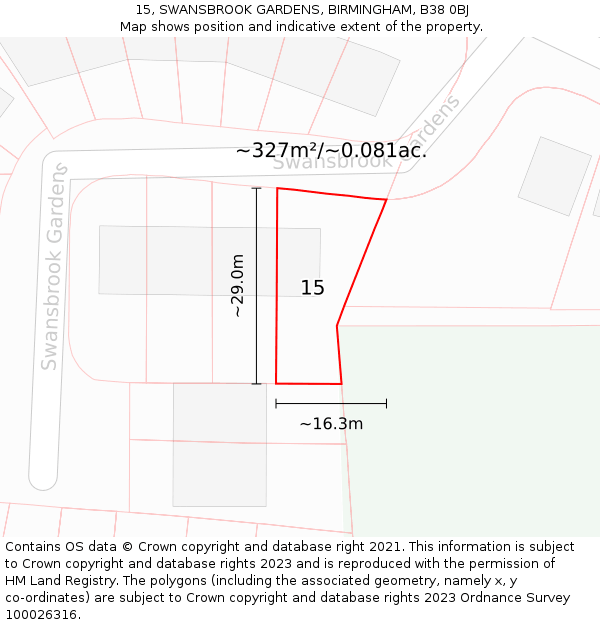 15, SWANSBROOK GARDENS, BIRMINGHAM, B38 0BJ: Plot and title map