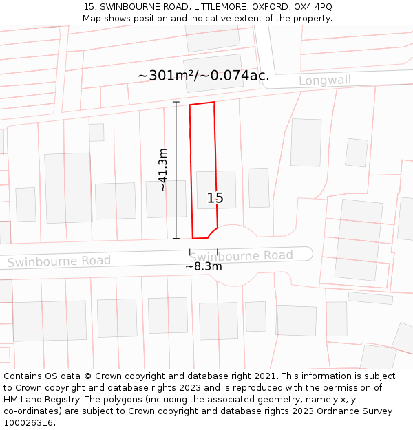 15, SWINBOURNE ROAD, LITTLEMORE, OXFORD, OX4 4PQ: Plot and title map