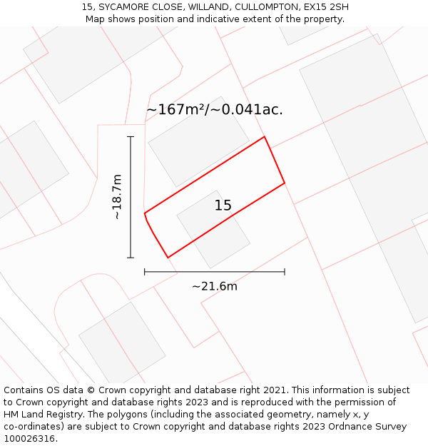 15, SYCAMORE CLOSE, WILLAND, CULLOMPTON, EX15 2SH: Plot and title map