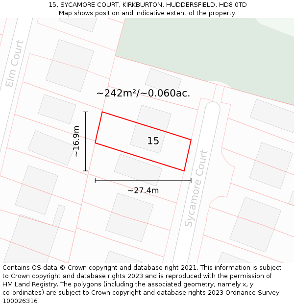 15, SYCAMORE COURT, KIRKBURTON, HUDDERSFIELD, HD8 0TD: Plot and title map