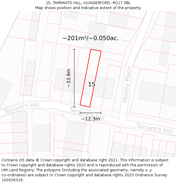 15, TARRANTS HILL, HUNGERFORD, RG17 0BL: Plot and title map