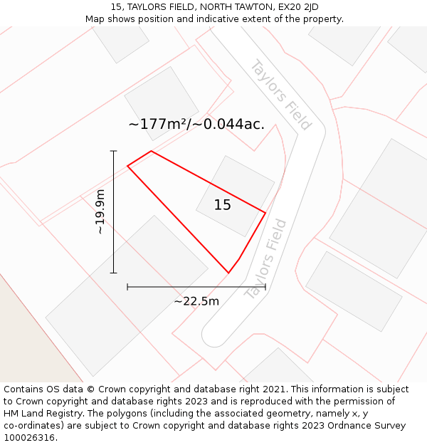 15, TAYLORS FIELD, NORTH TAWTON, EX20 2JD: Plot and title map