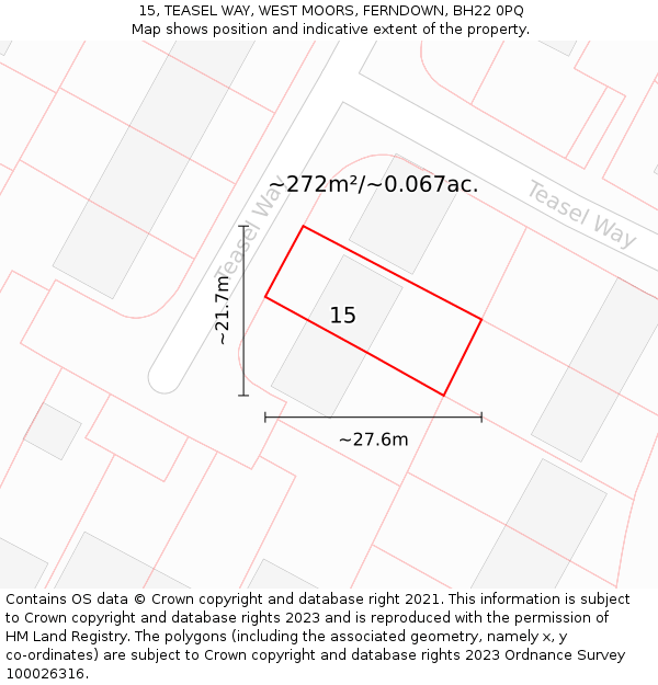 15, TEASEL WAY, WEST MOORS, FERNDOWN, BH22 0PQ: Plot and title map