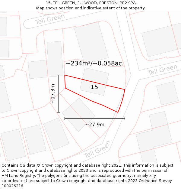 15, TEIL GREEN, FULWOOD, PRESTON, PR2 9PA: Plot and title map