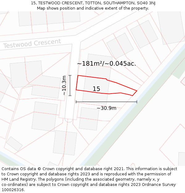 15, TESTWOOD CRESCENT, TOTTON, SOUTHAMPTON, SO40 3NJ: Plot and title map