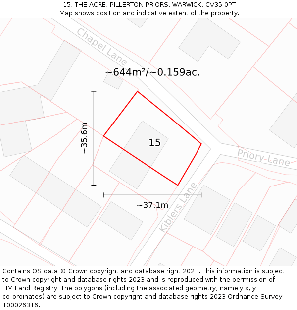15, THE ACRE, PILLERTON PRIORS, WARWICK, CV35 0PT: Plot and title map