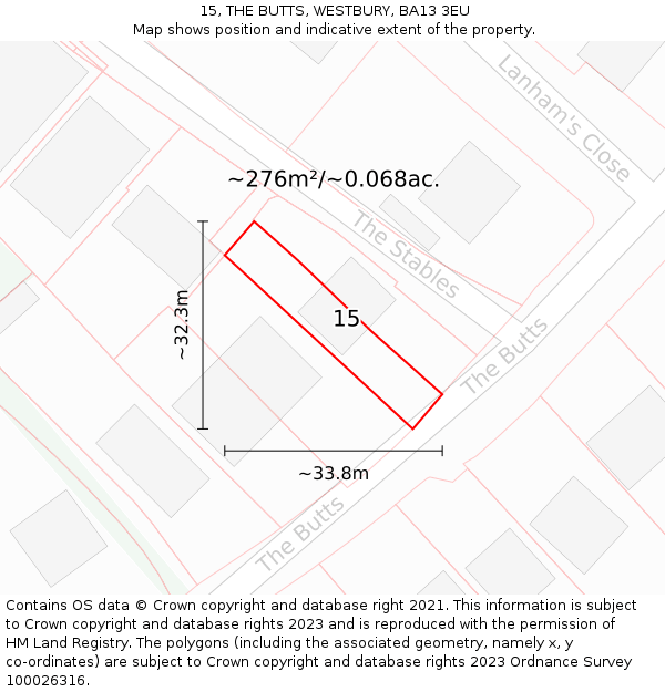 15, THE BUTTS, WESTBURY, BA13 3EU: Plot and title map