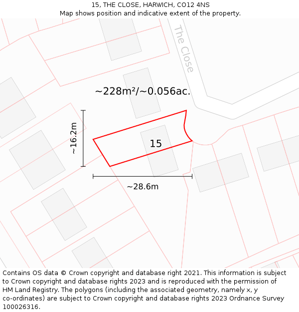 15, THE CLOSE, HARWICH, CO12 4NS: Plot and title map