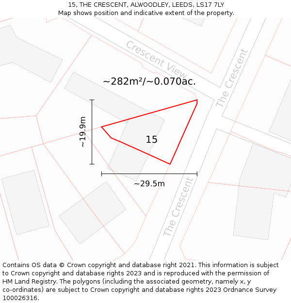 15, THE CRESCENT, ALWOODLEY, LEEDS, LS17 7LY: Plot and title map