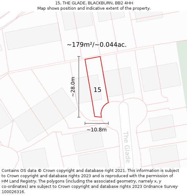 15, THE GLADE, BLACKBURN, BB2 4HH: Plot and title map