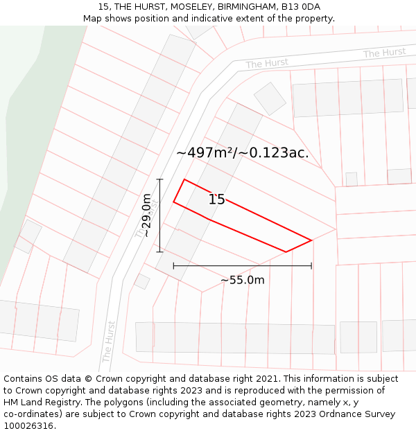 15, THE HURST, MOSELEY, BIRMINGHAM, B13 0DA: Plot and title map