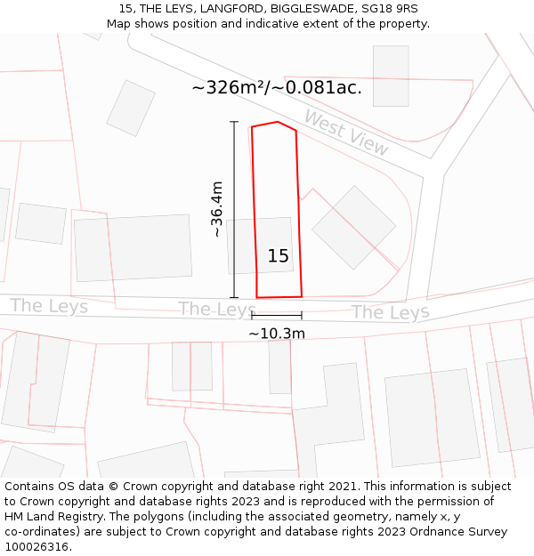 15, THE LEYS, LANGFORD, BIGGLESWADE, SG18 9RS: Plot and title map