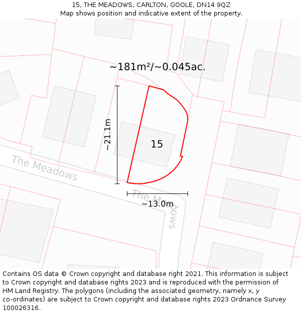 15, THE MEADOWS, CARLTON, GOOLE, DN14 9QZ: Plot and title map