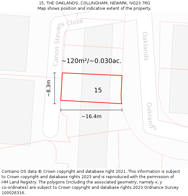 15, THE OAKLANDS, COLLINGHAM, NEWARK, NG23 7RG: Plot and title map