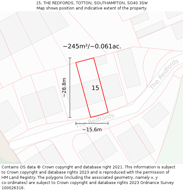 15, THE REDFORDS, TOTTON, SOUTHAMPTON, SO40 3SW: Plot and title map