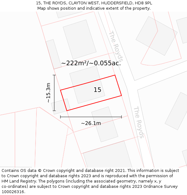 15, THE ROYDS, CLAYTON WEST, HUDDERSFIELD, HD8 9PL: Plot and title map