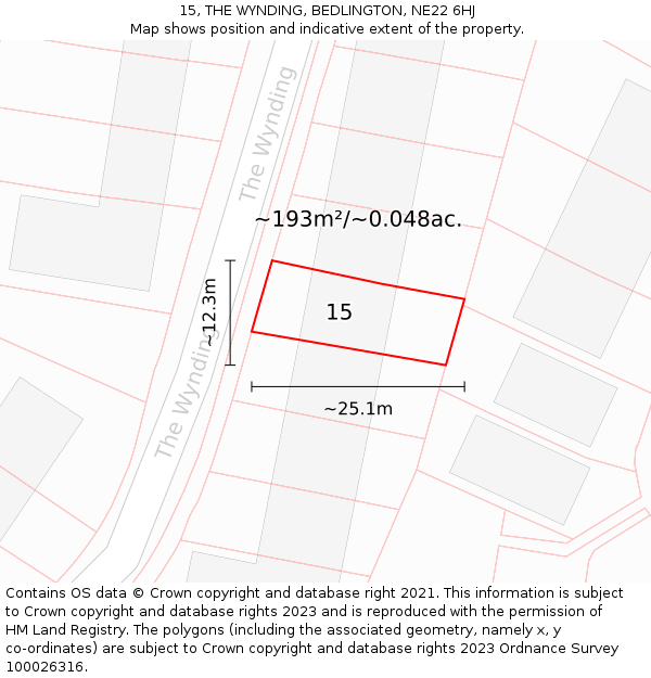 15, THE WYNDING, BEDLINGTON, NE22 6HJ: Plot and title map