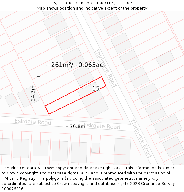 15, THIRLMERE ROAD, HINCKLEY, LE10 0PE: Plot and title map