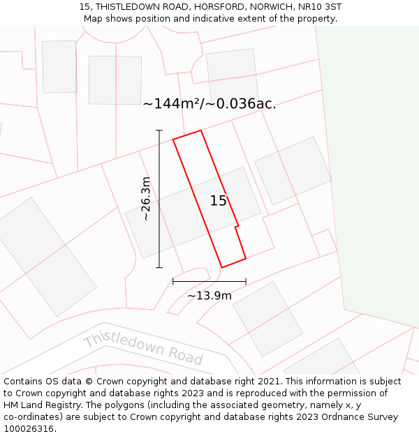 15, THISTLEDOWN ROAD, HORSFORD, NORWICH, NR10 3ST: Plot and title map