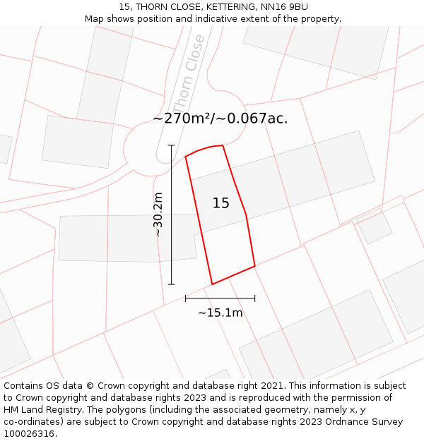 15, THORN CLOSE, KETTERING, NN16 9BU: Plot and title map
