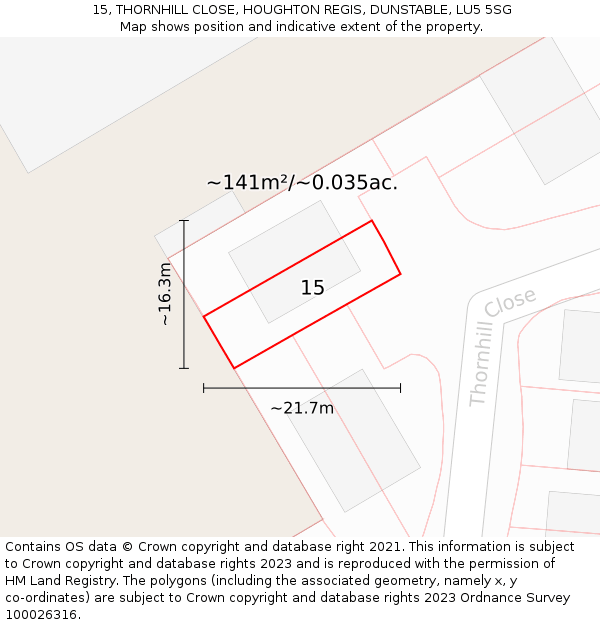 15, THORNHILL CLOSE, HOUGHTON REGIS, DUNSTABLE, LU5 5SG: Plot and title map