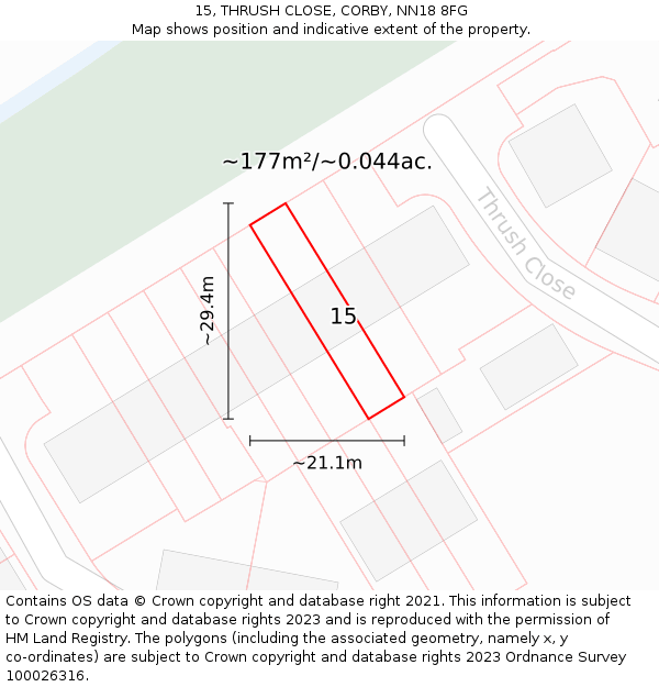 15, THRUSH CLOSE, CORBY, NN18 8FG: Plot and title map