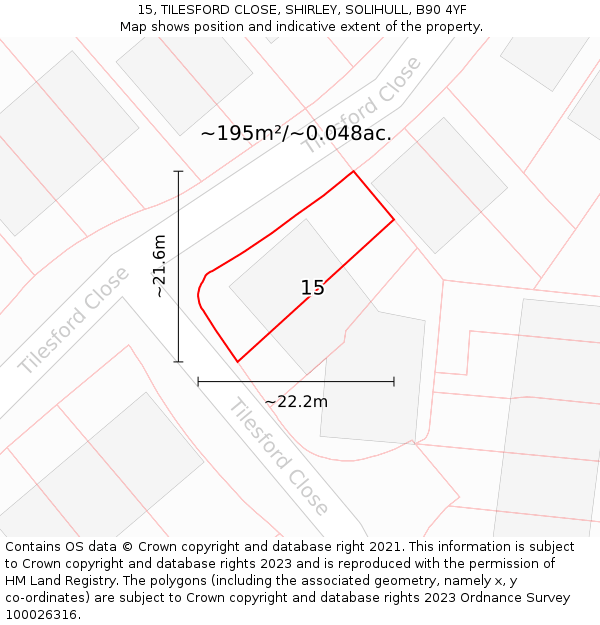 15, TILESFORD CLOSE, SHIRLEY, SOLIHULL, B90 4YF: Plot and title map