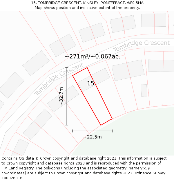 15, TOMBRIDGE CRESCENT, KINSLEY, PONTEFRACT, WF9 5HA: Plot and title map