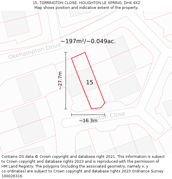 15, TORRINGTON CLOSE, HOUGHTON LE SPRING, DH4 4XZ: Plot and title map