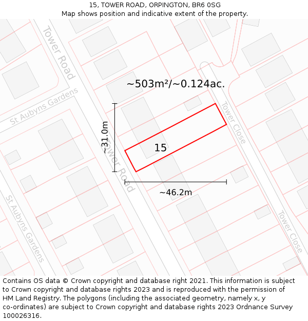 15, TOWER ROAD, ORPINGTON, BR6 0SG: Plot and title map