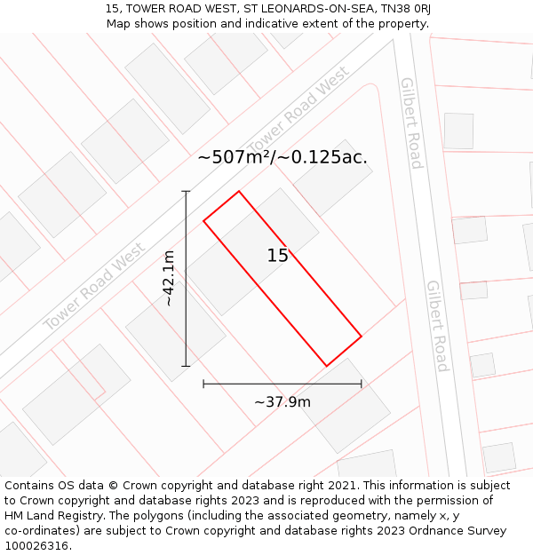 15, TOWER ROAD WEST, ST LEONARDS-ON-SEA, TN38 0RJ: Plot and title map