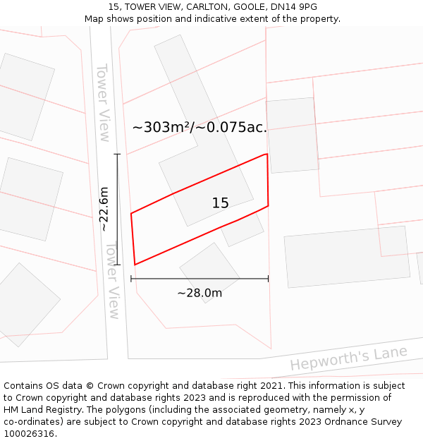 15, TOWER VIEW, CARLTON, GOOLE, DN14 9PG: Plot and title map