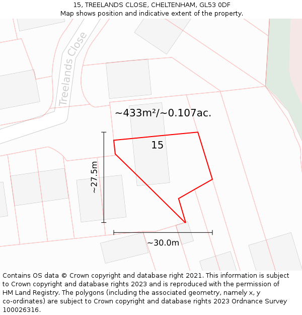 15, TREELANDS CLOSE, CHELTENHAM, GL53 0DF: Plot and title map