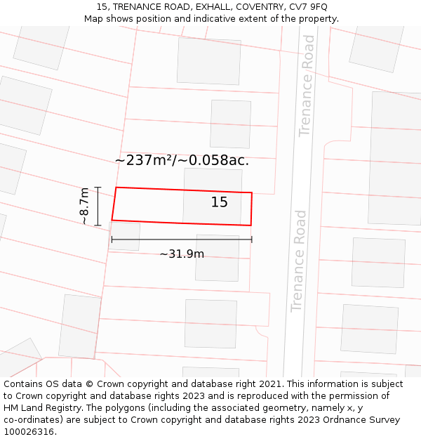 15, TRENANCE ROAD, EXHALL, COVENTRY, CV7 9FQ: Plot and title map