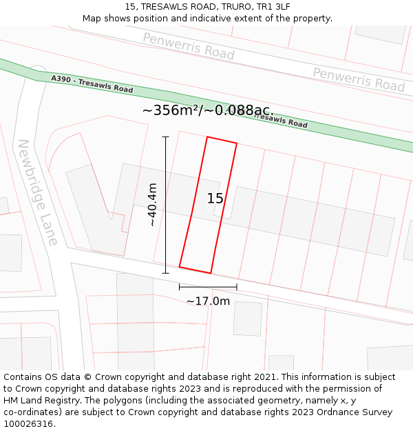 15, TRESAWLS ROAD, TRURO, TR1 3LF: Plot and title map