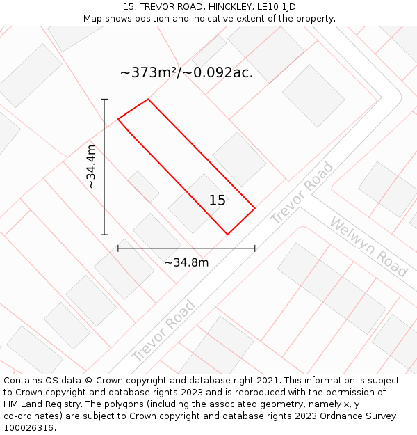 15, TREVOR ROAD, HINCKLEY, LE10 1JD: Plot and title map