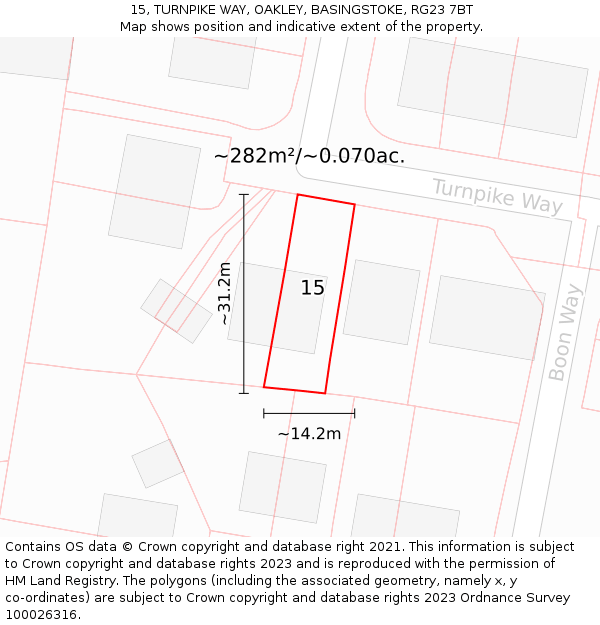 15, TURNPIKE WAY, OAKLEY, BASINGSTOKE, RG23 7BT: Plot and title map