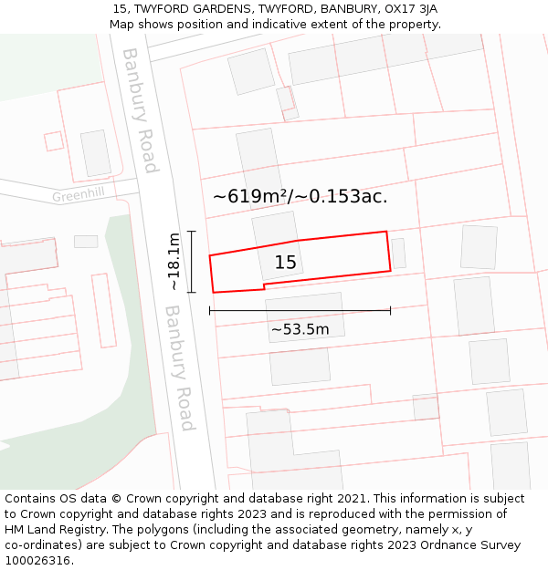 15, TWYFORD GARDENS, TWYFORD, BANBURY, OX17 3JA: Plot and title map