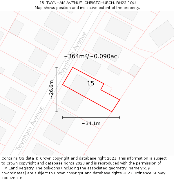 15, TWYNHAM AVENUE, CHRISTCHURCH, BH23 1QU: Plot and title map