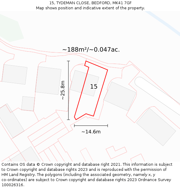 15, TYDEMAN CLOSE, BEDFORD, MK41 7GF: Plot and title map