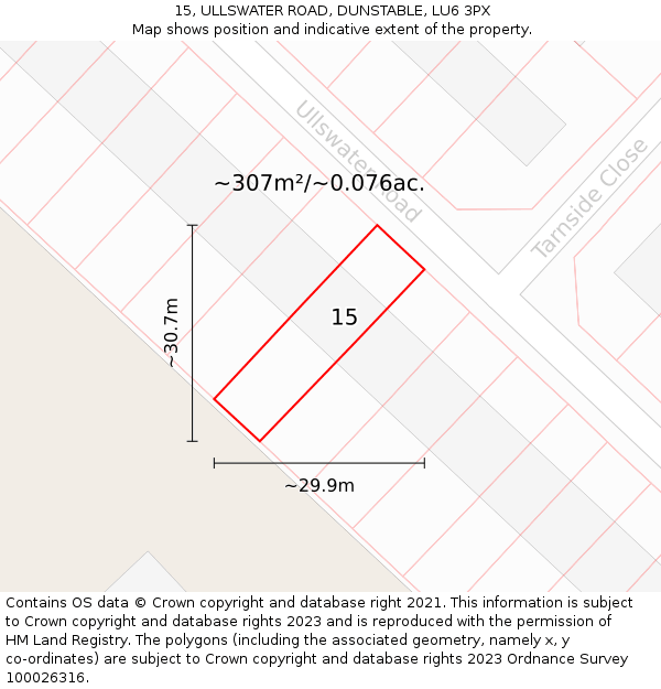 15, ULLSWATER ROAD, DUNSTABLE, LU6 3PX: Plot and title map