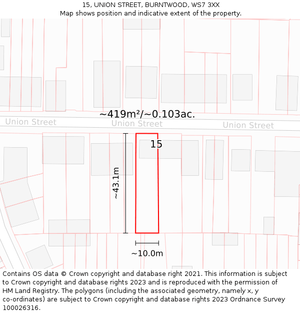 15, UNION STREET, BURNTWOOD, WS7 3XX: Plot and title map