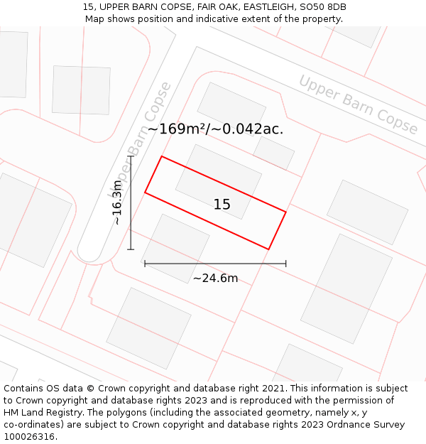 15, UPPER BARN COPSE, FAIR OAK, EASTLEIGH, SO50 8DB: Plot and title map