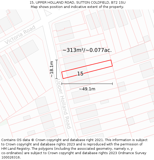 15, UPPER HOLLAND ROAD, SUTTON COLDFIELD, B72 1SU: Plot and title map