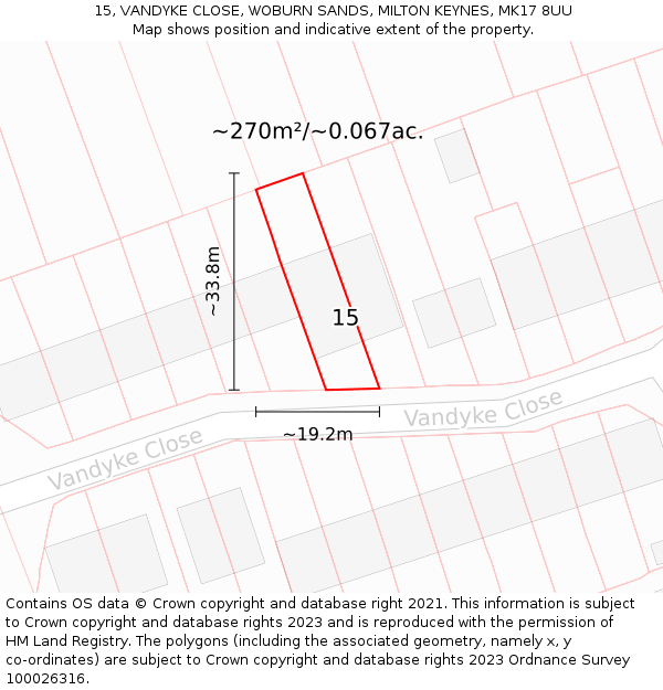 15, VANDYKE CLOSE, WOBURN SANDS, MILTON KEYNES, MK17 8UU: Plot and title map